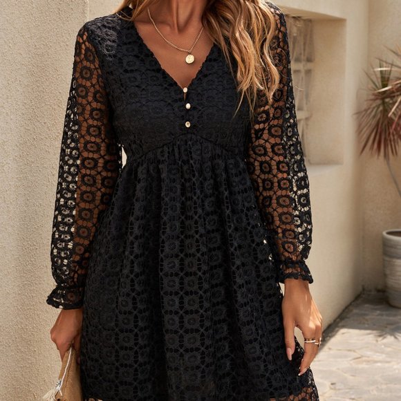 Buttoned Empire Waist Lace Dress